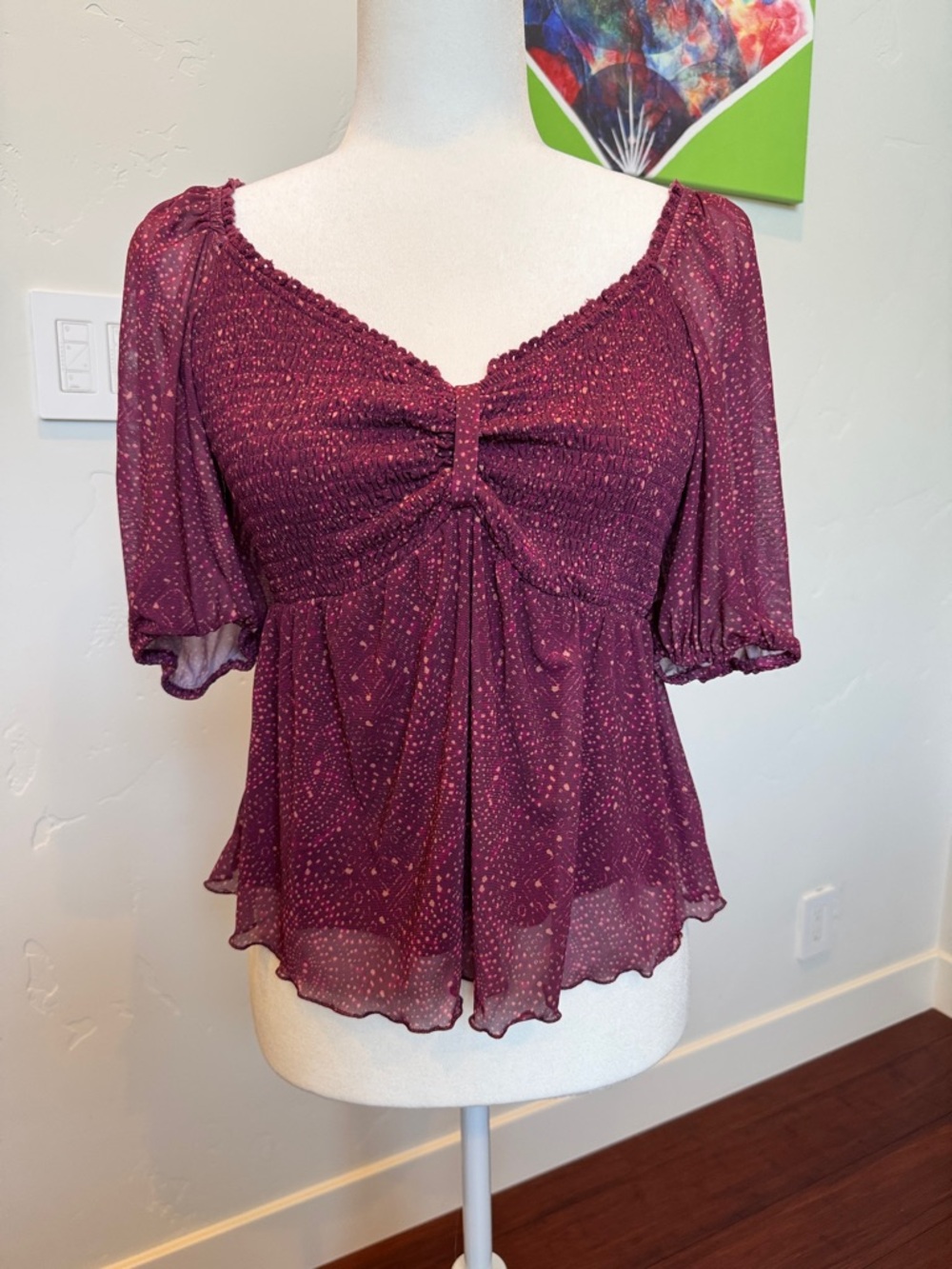 DR2 Burgundy Puff Sleeve Smocked Peplum Top